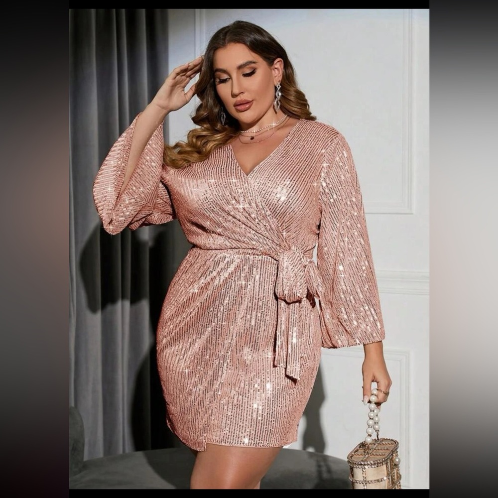 Plus Surplice Neck Belted Sequin Dress